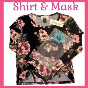 Floral Shirt Matching Mask 2 pc Set Black Pink Flowers Roses Girls Size